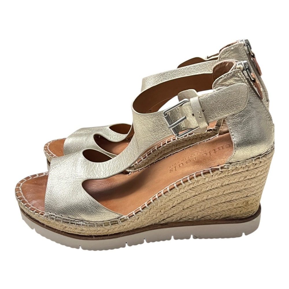 Gentle Souls Elyssa T-Strap Gold Metallic Leather Espadrille Wedge Sandal 8.5